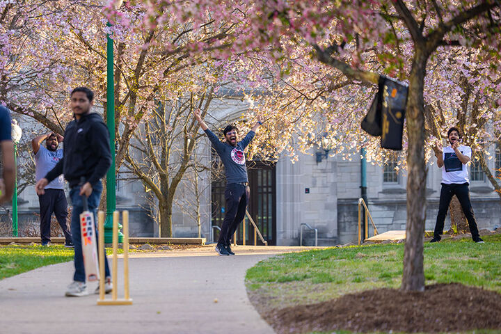 Students cheer while playing a game of cricket on a spring day.
